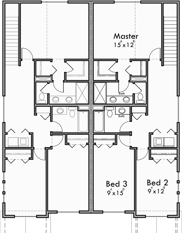 Upper Floor Plan for D608 Duplex house plan with rear garage, narrow