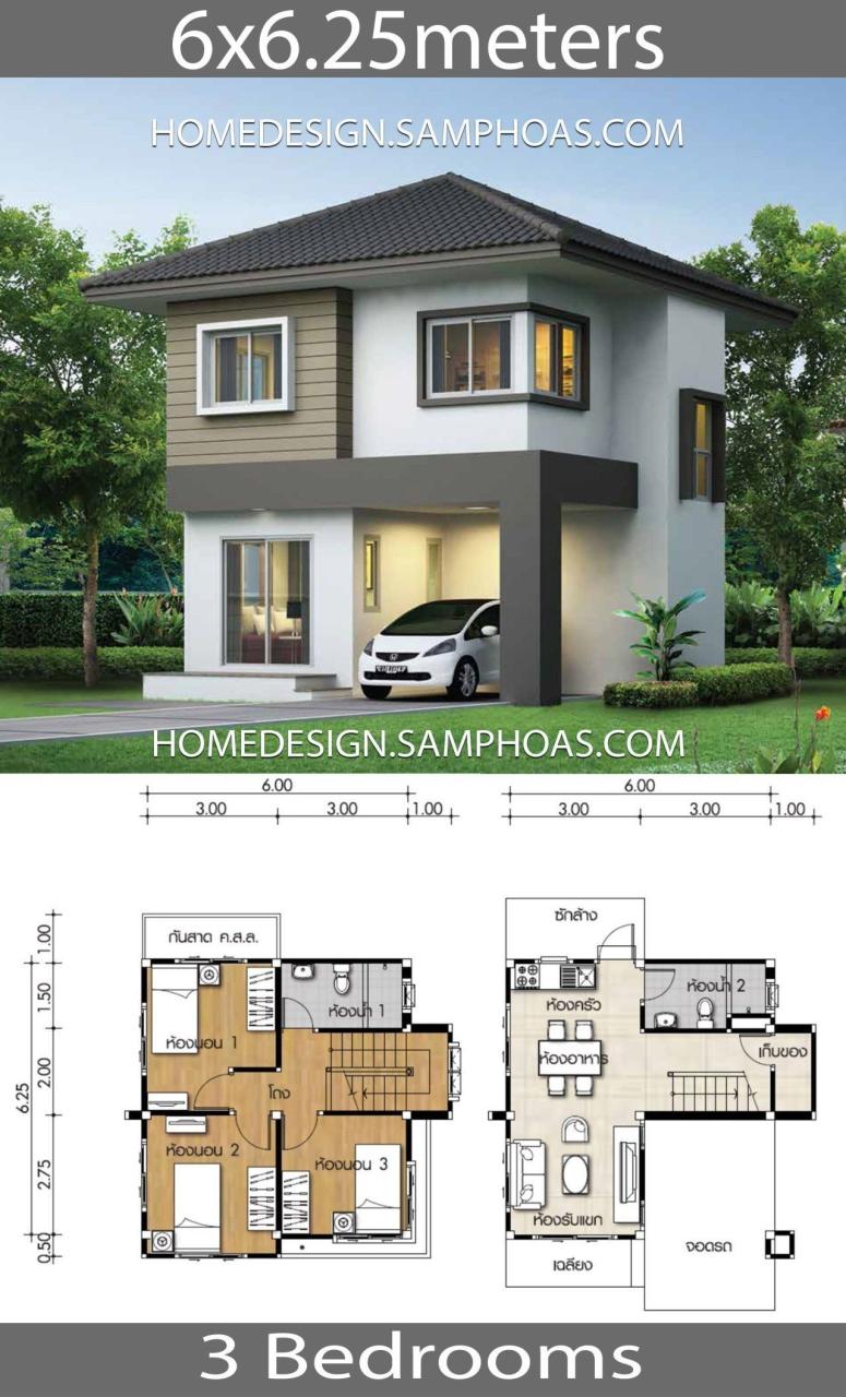 Small House Plan 6x6 25m with 3 bedrooms Small house exteriors, Small