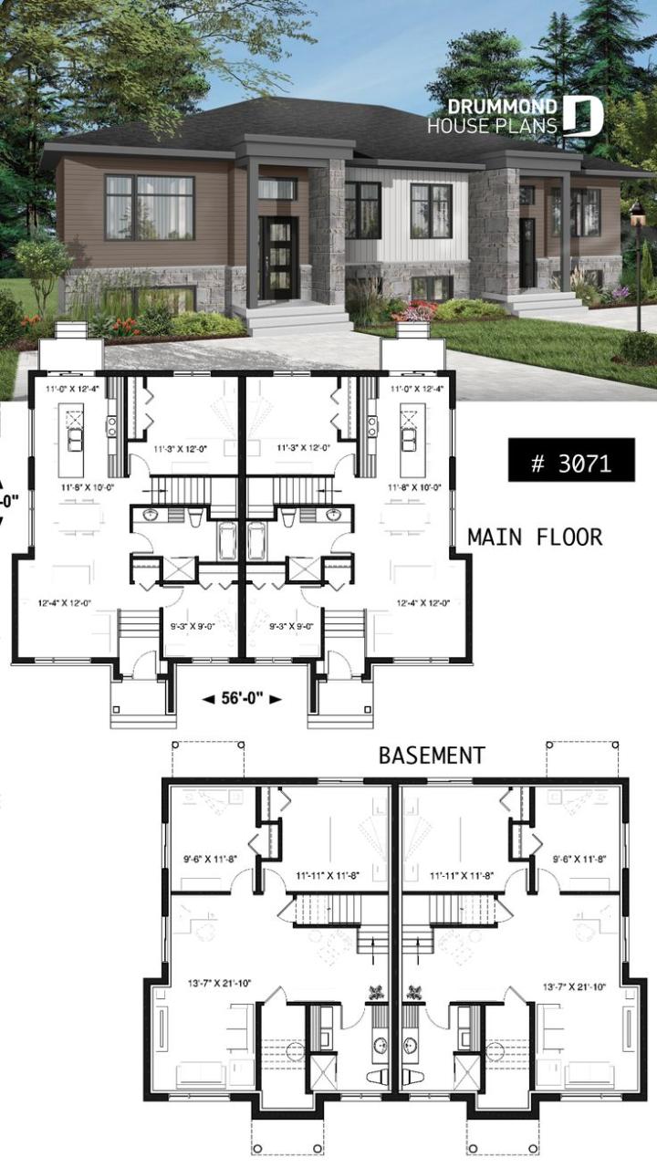Modern duplex house plan with 4 bedrooms, 2 bathrooms and 2 family