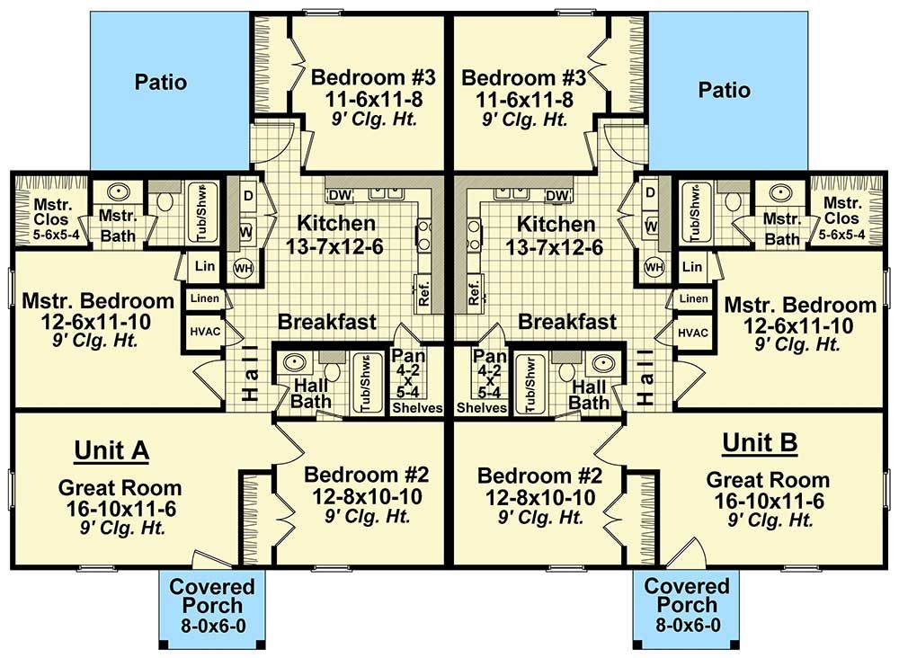 Plan 51114MM Beautiful 3 Bedroom Duplex in Many Sizes Duplex plans
