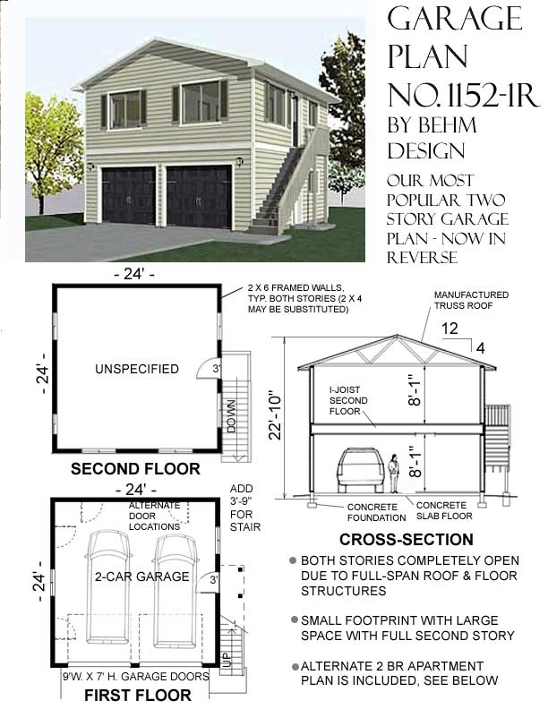11521R 24' (+4') x 24' Behm Design Garage apartment floor plans