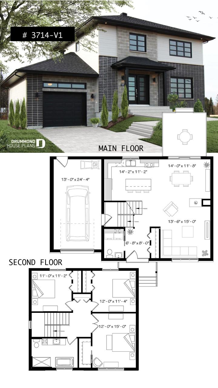 Twostory contemporary home plan with garage, open dining and living
