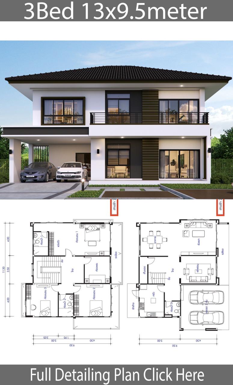 House design plan 13x9.5m with 3 bedrooms Home Design with Plan