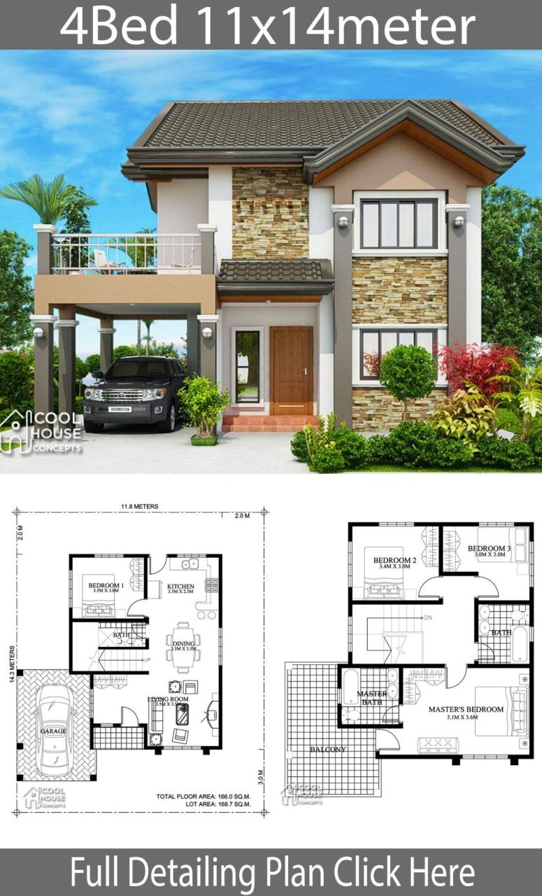 Home design plan 11x14m with 4 bedrooms Home Planssearch
