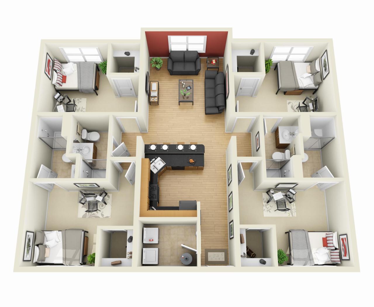 50 Four “4” Bedroom Apartment/House Plans Architecture & Design