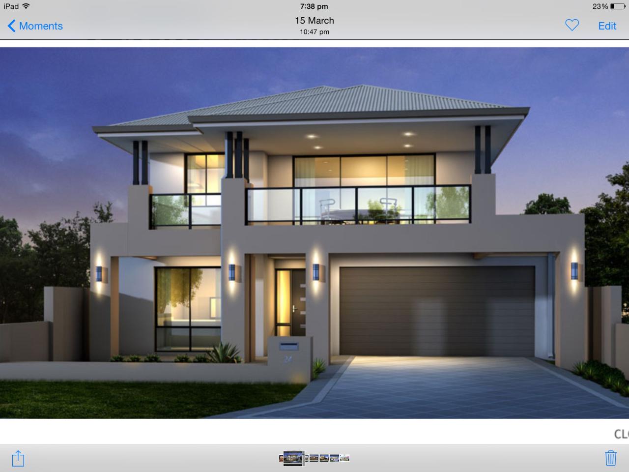 Two storey house facade, grey and black, balcony over garage, glass